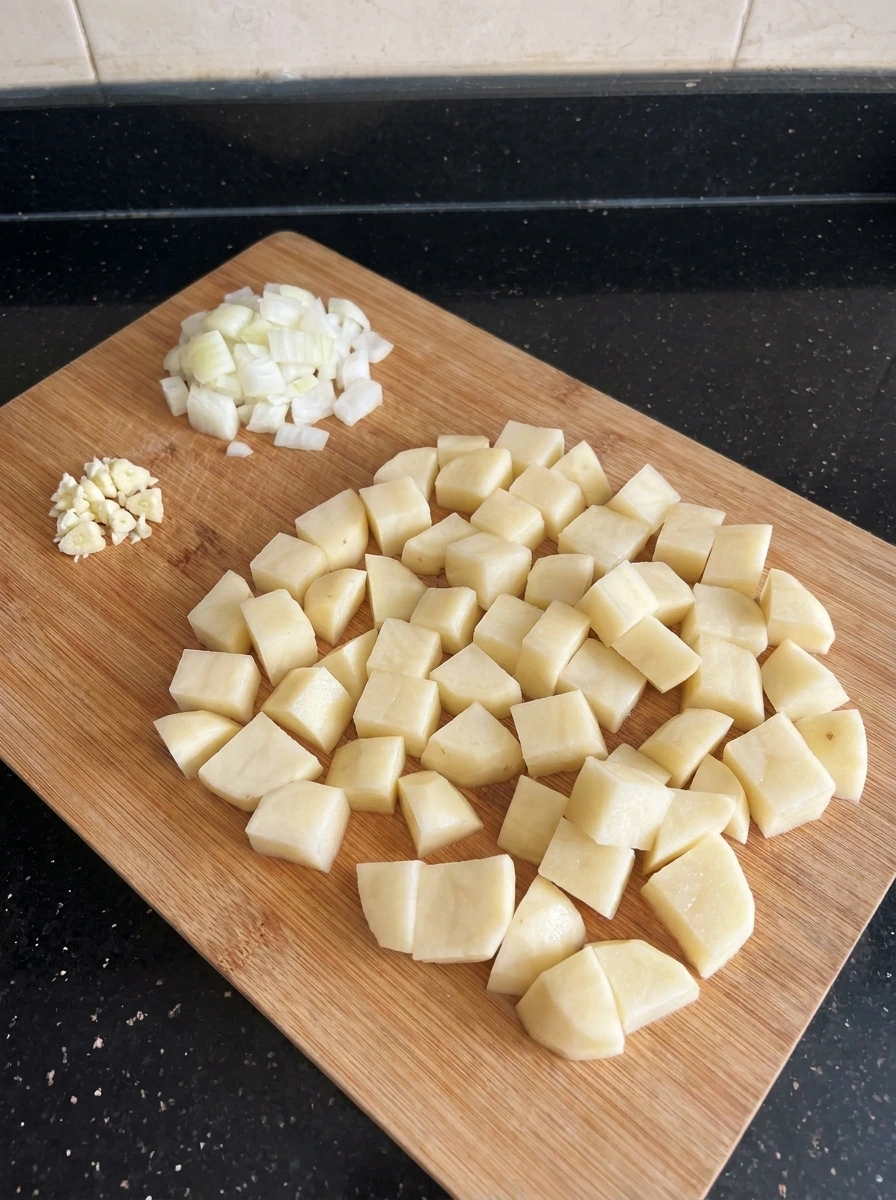 Cut potatoes and diced onion for Cheesy Hamburger Potato Soup