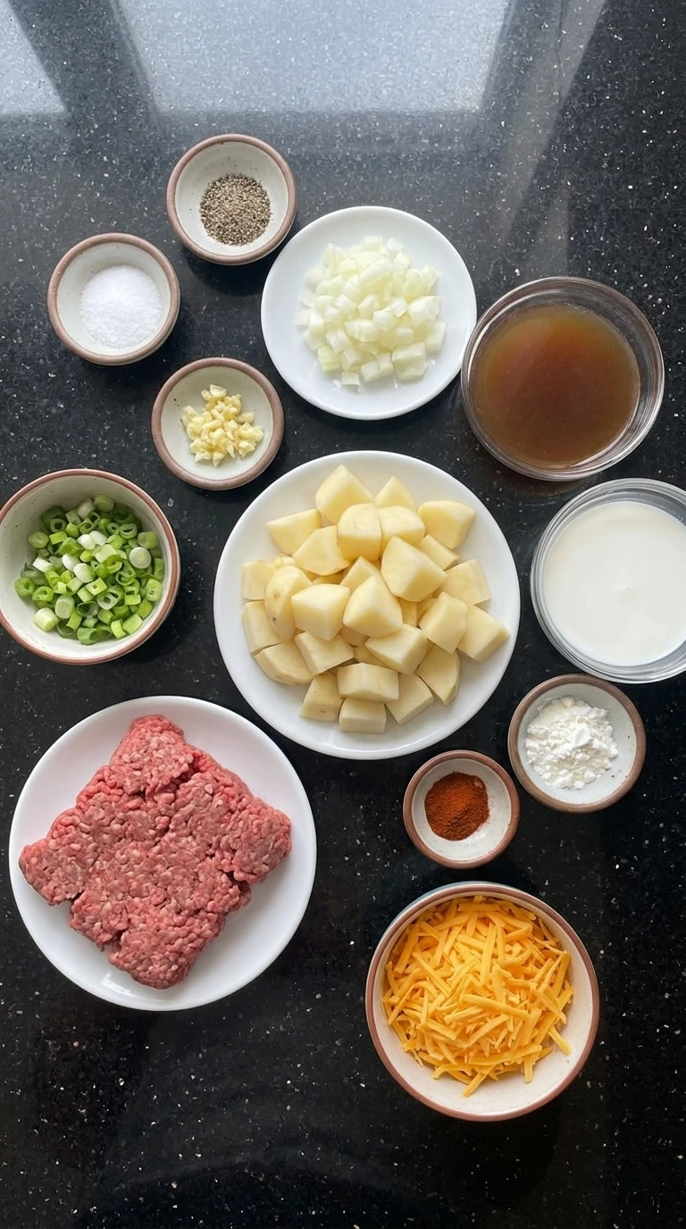 Ingredients for Cheesy Hamburger Potato Soup in separate small containers