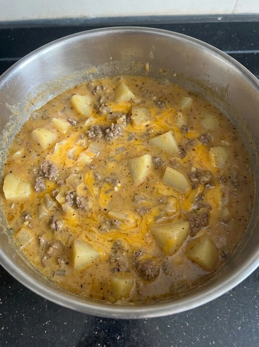 Cheddar melting into thick Cheesy Hamburger Potato Soup