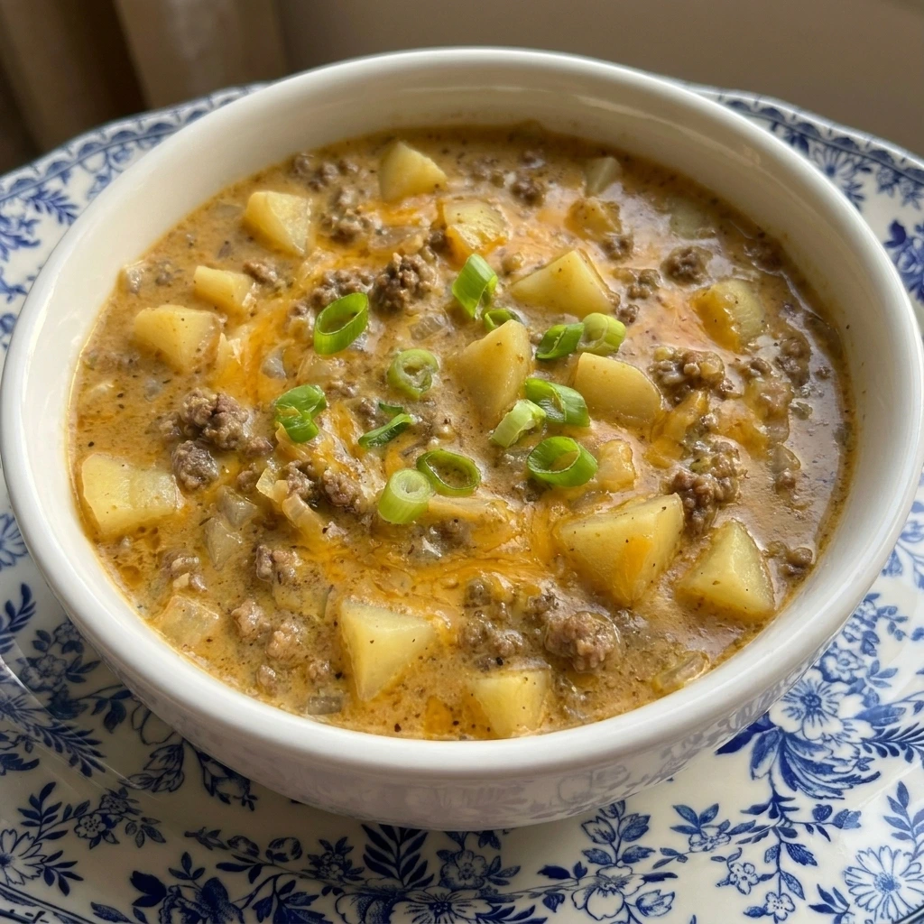 Served bowl of Cheesy Hamburger Potato Soup with green onions