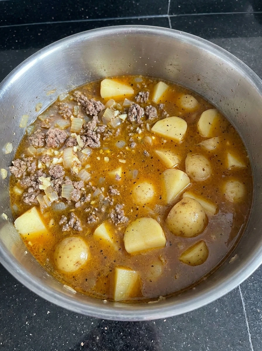 Potatoes simmering with browned beef for Cheesy Hamburger Potato Soup