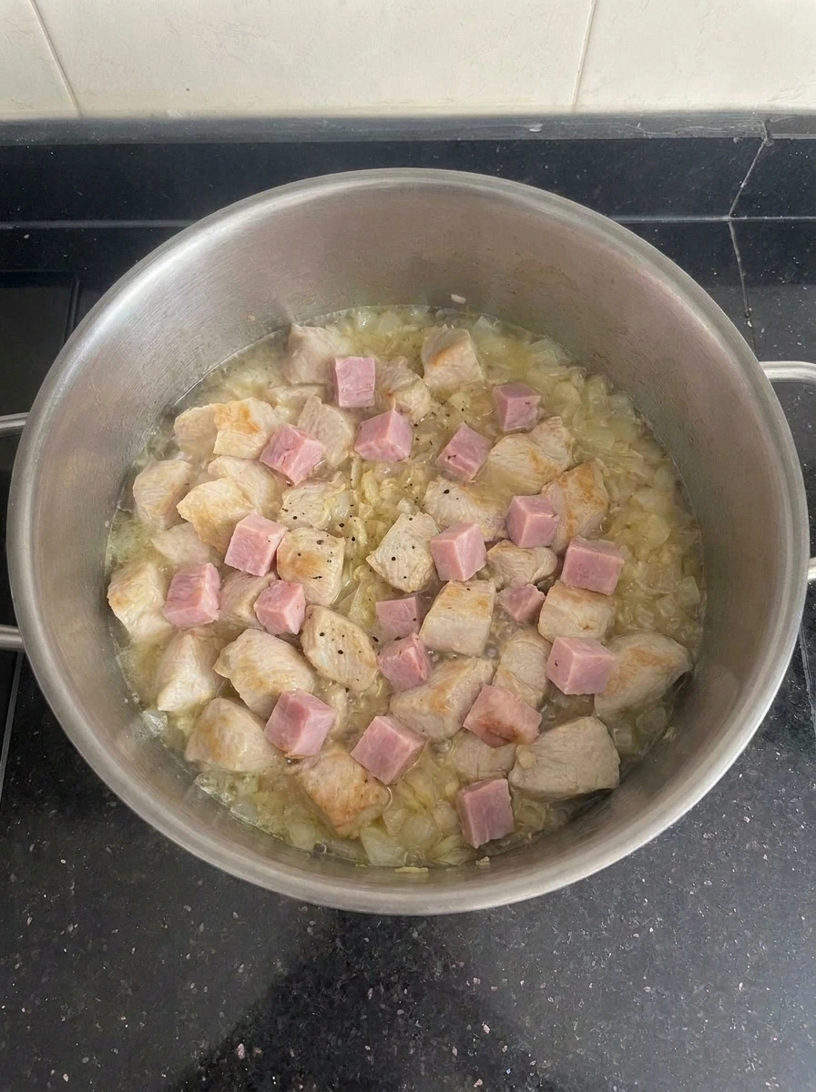 Ham simmering in Chicken Cordon Bleu Soup