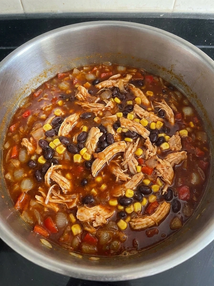 Shredded chicken with black beans and corn in enchilada soup