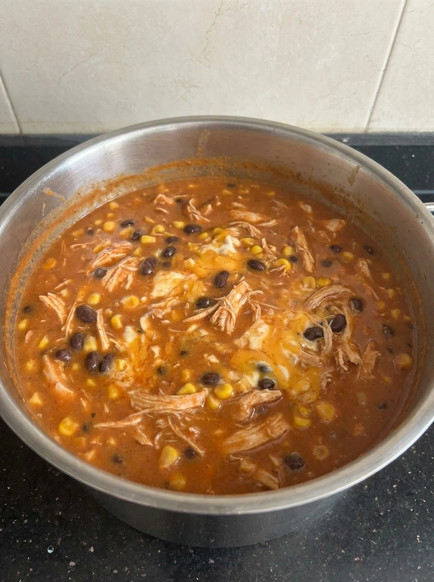 Cream cheese melting into Chicken Enchilada Soup