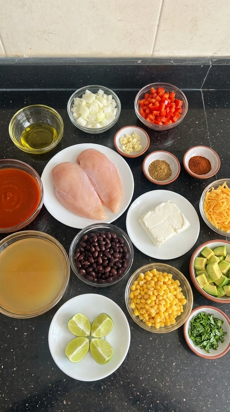 Chicken Enchilada Soup ingredients in individual containers