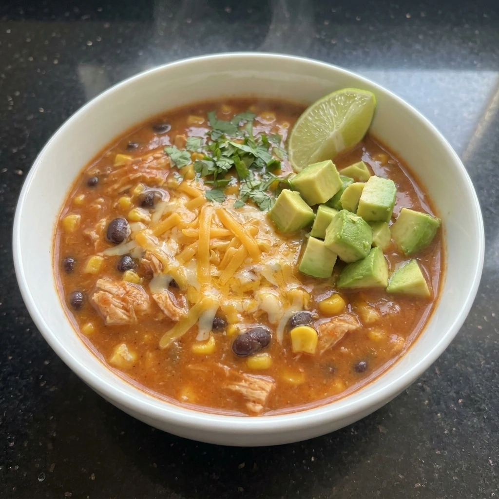 Served Chicken Enchilada Soup with avocado and cheese