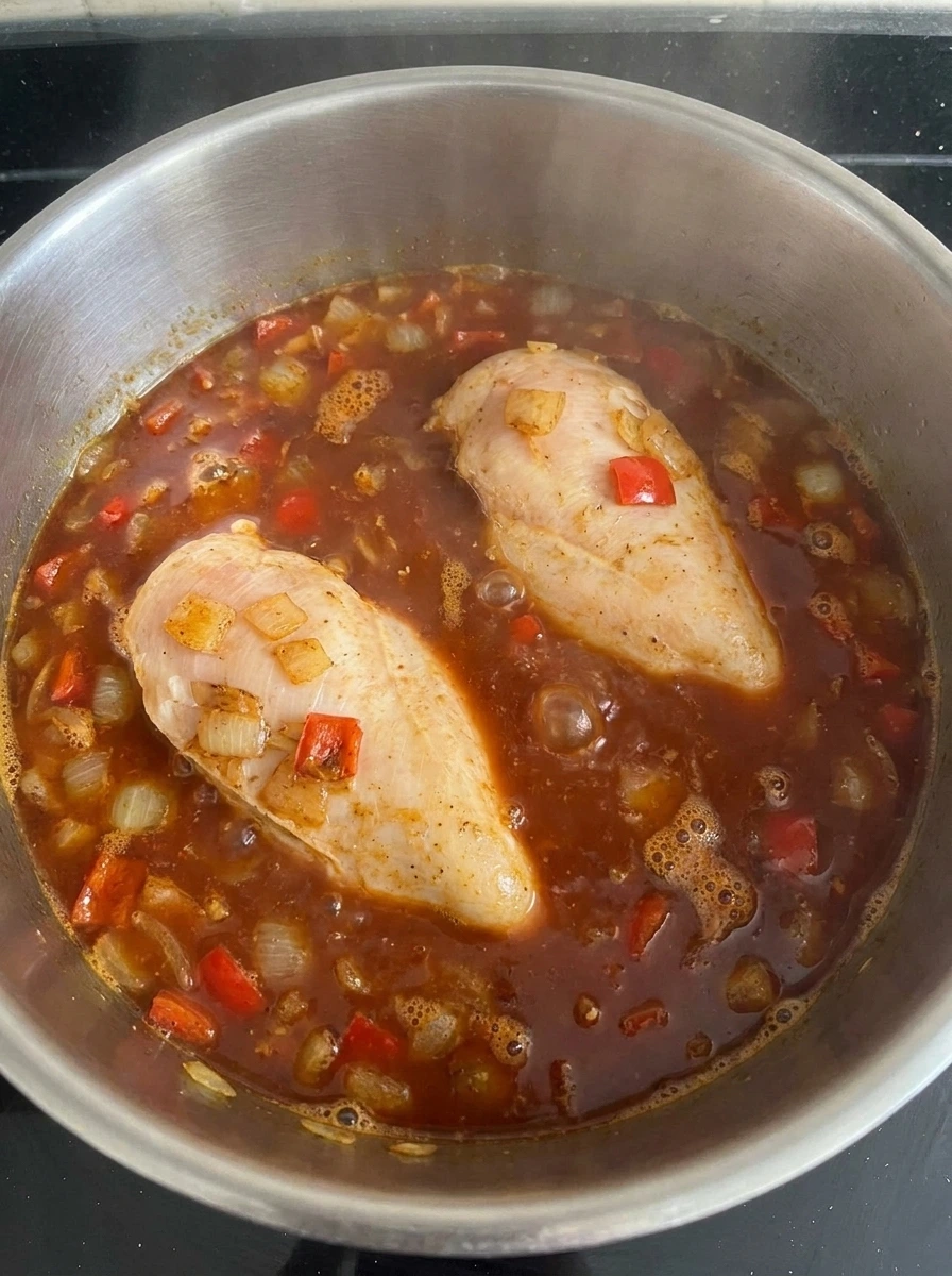 Two chicken breasts simmering in enchilada broth
