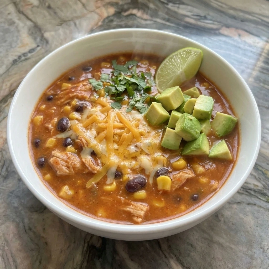 Creamy Chicken Enchilada Soup with shredded chicken and beans and corn