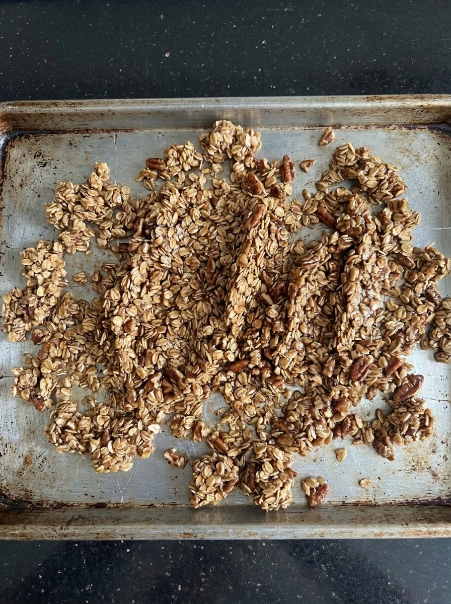 Spread the coated granola for Cinnamon Apple Granola