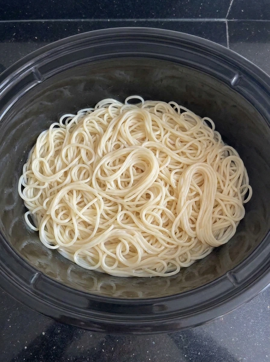 Cooked angel hair pasta for CrockPot Angel Chicken