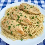 CrockPot Angel Chicken with creamy sauce served over angel hair pasta