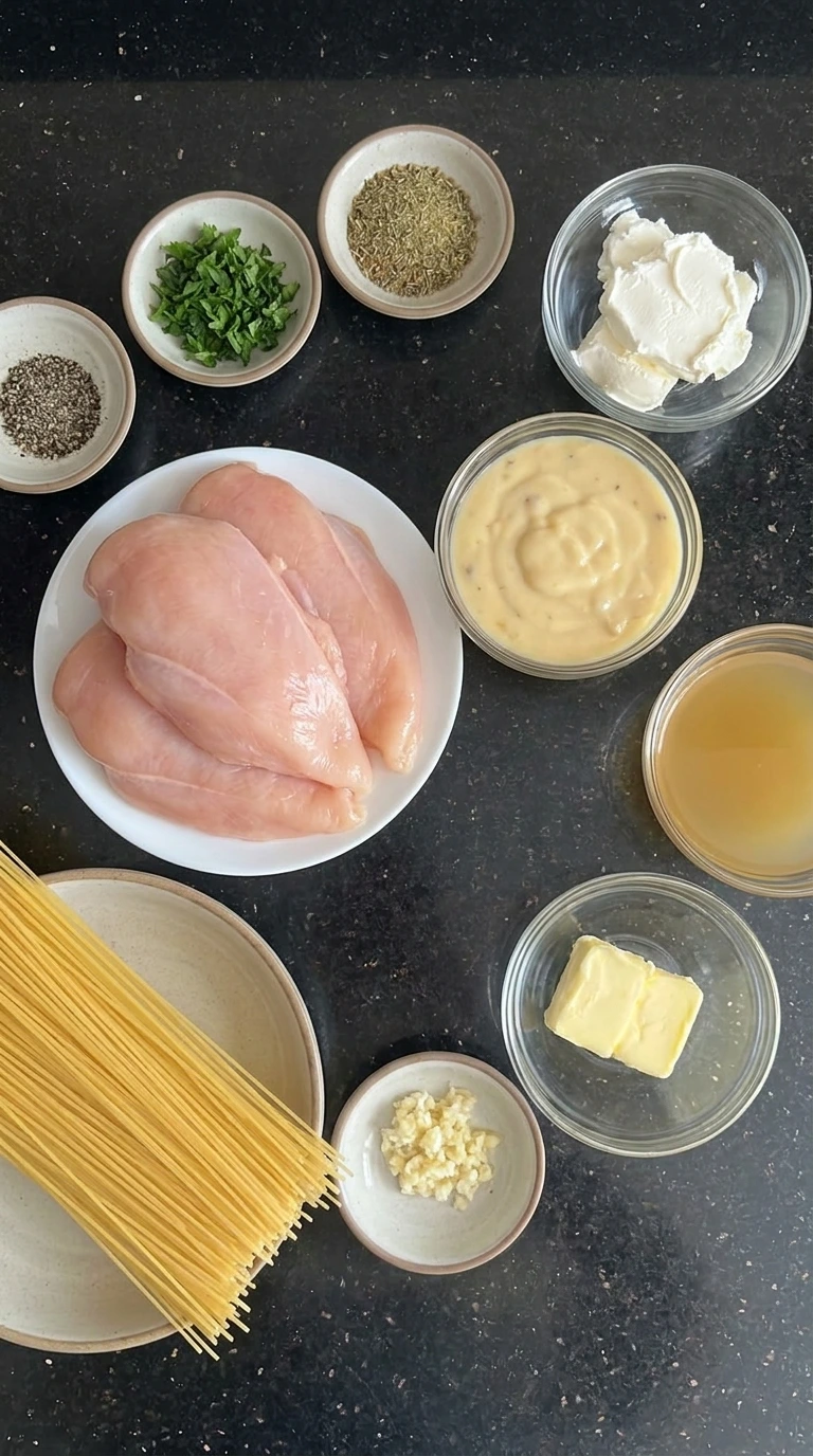 Ingredients for CrockPot Angel Chicken arranged in separate containers