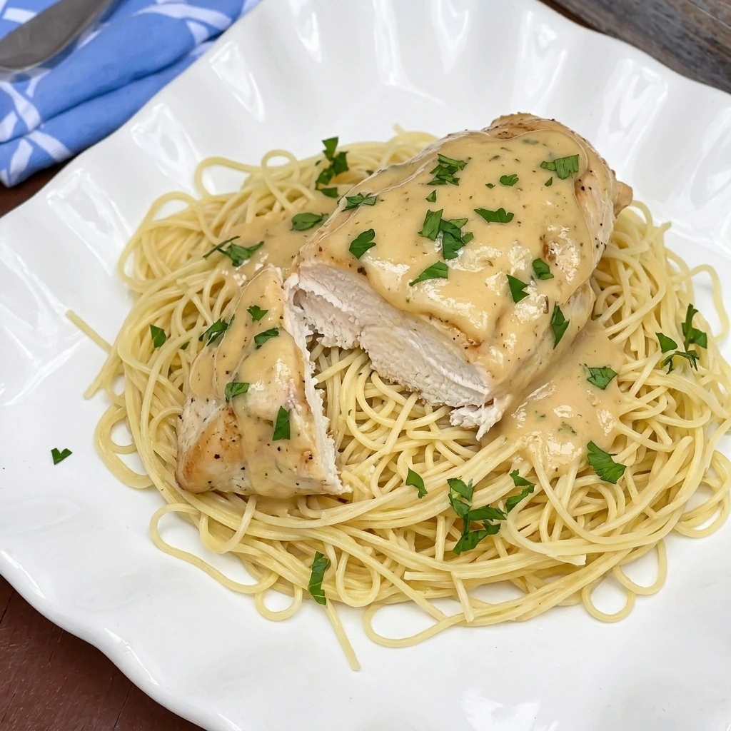 Single serving of CrockPot Angel Chicken over angel hair pasta