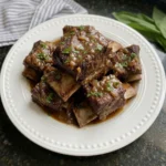 Tender Crockpot Beef Short Ribs in glossy savory onion sauce