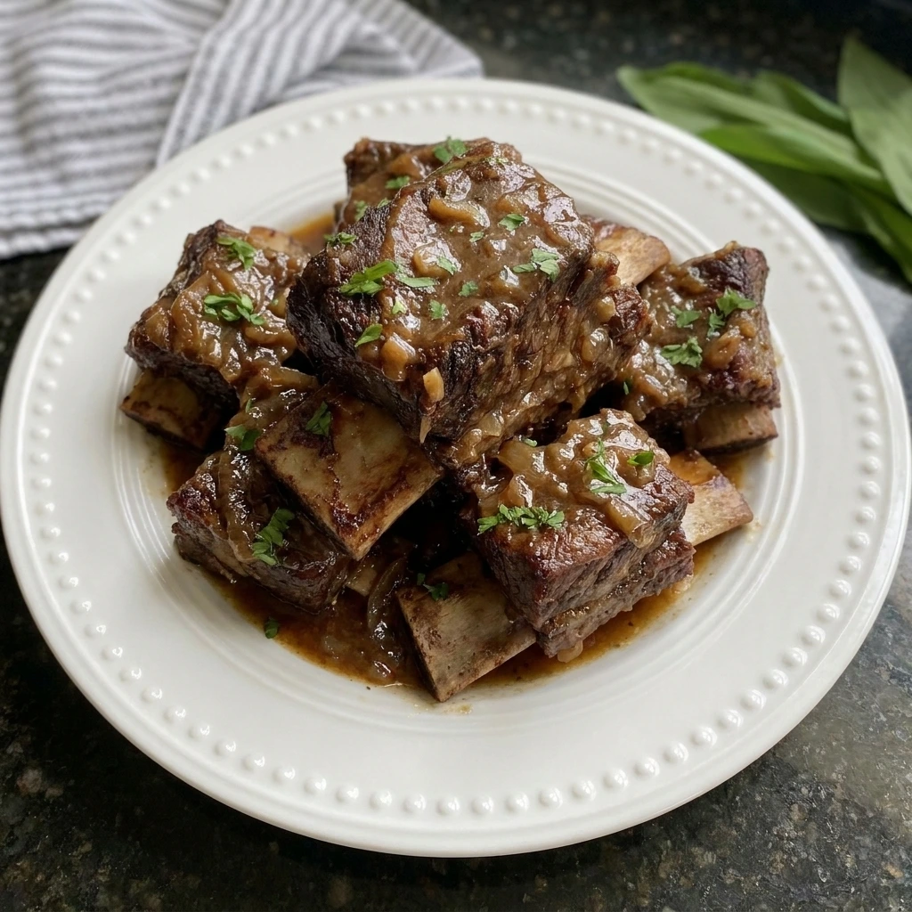 Tender Crockpot Beef Short Ribs in glossy savory onion sauce