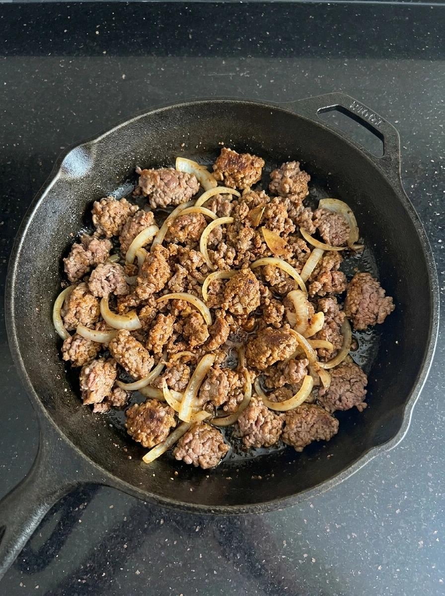 Browned seasoned beef and onion for CrockPot Beefy Potato Taco Casserole