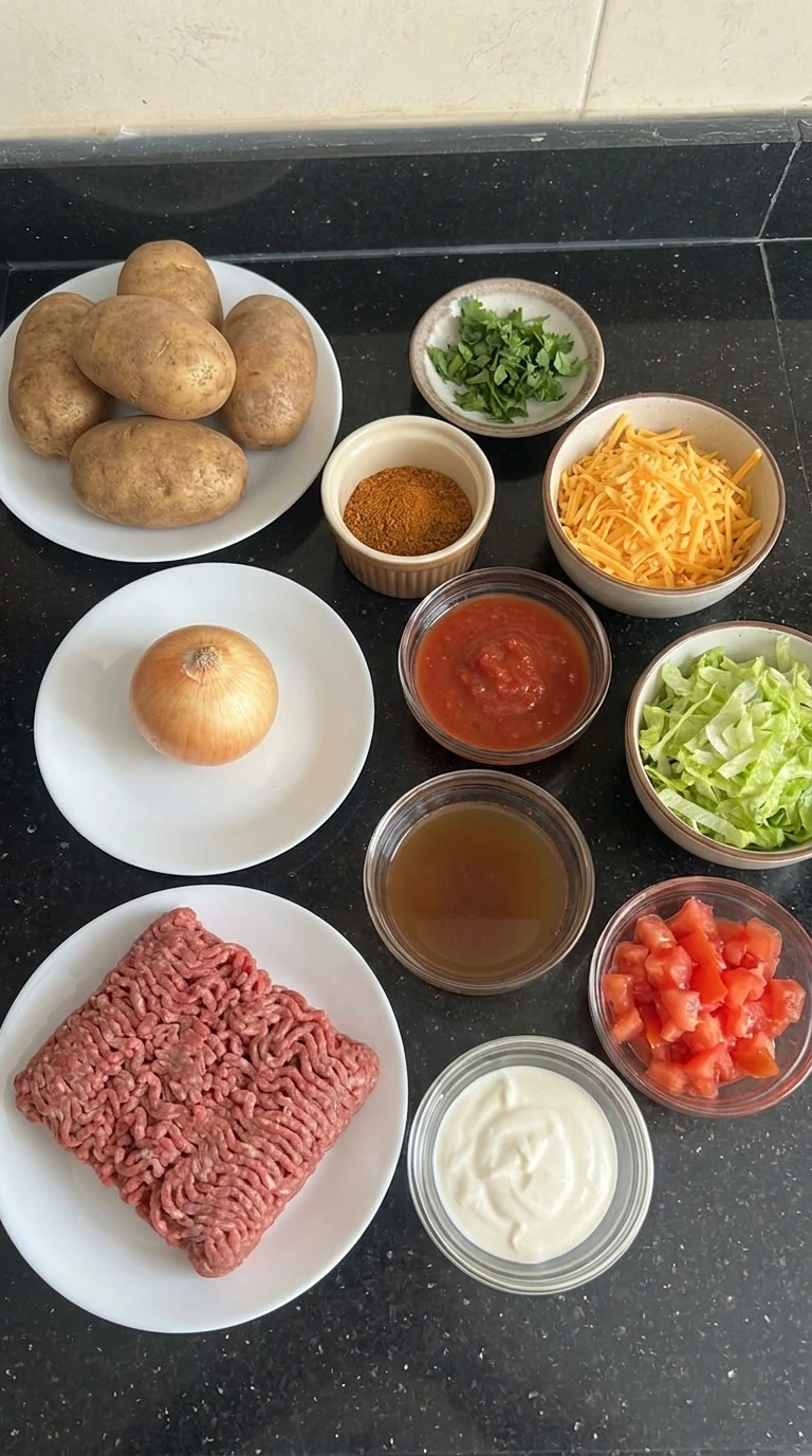 Ingredients for CrockPot Beefy Potato Taco Casserole arranged in separate small containers