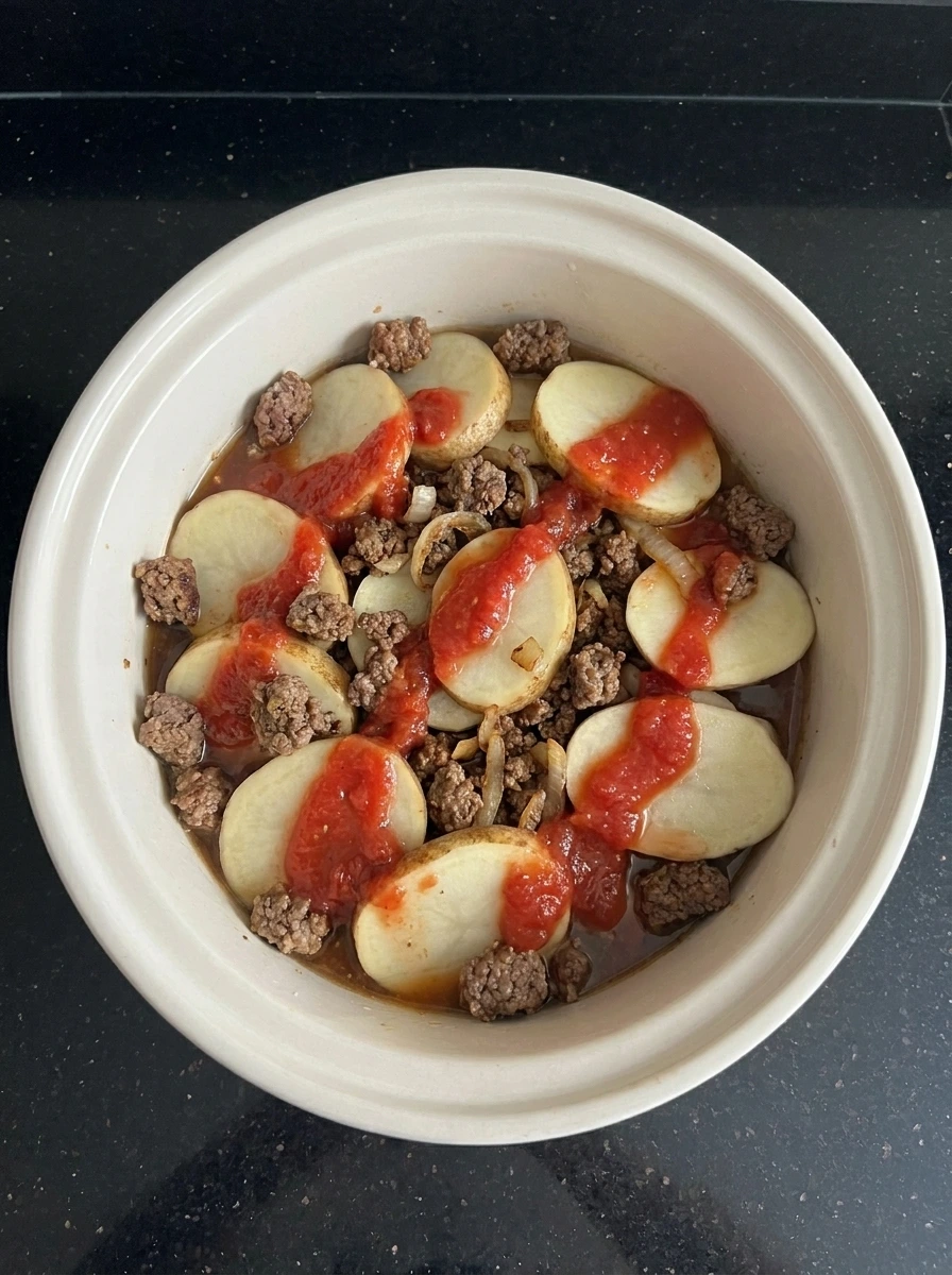 Potatoes and seasoned beef layered with salsa in a slow cooker