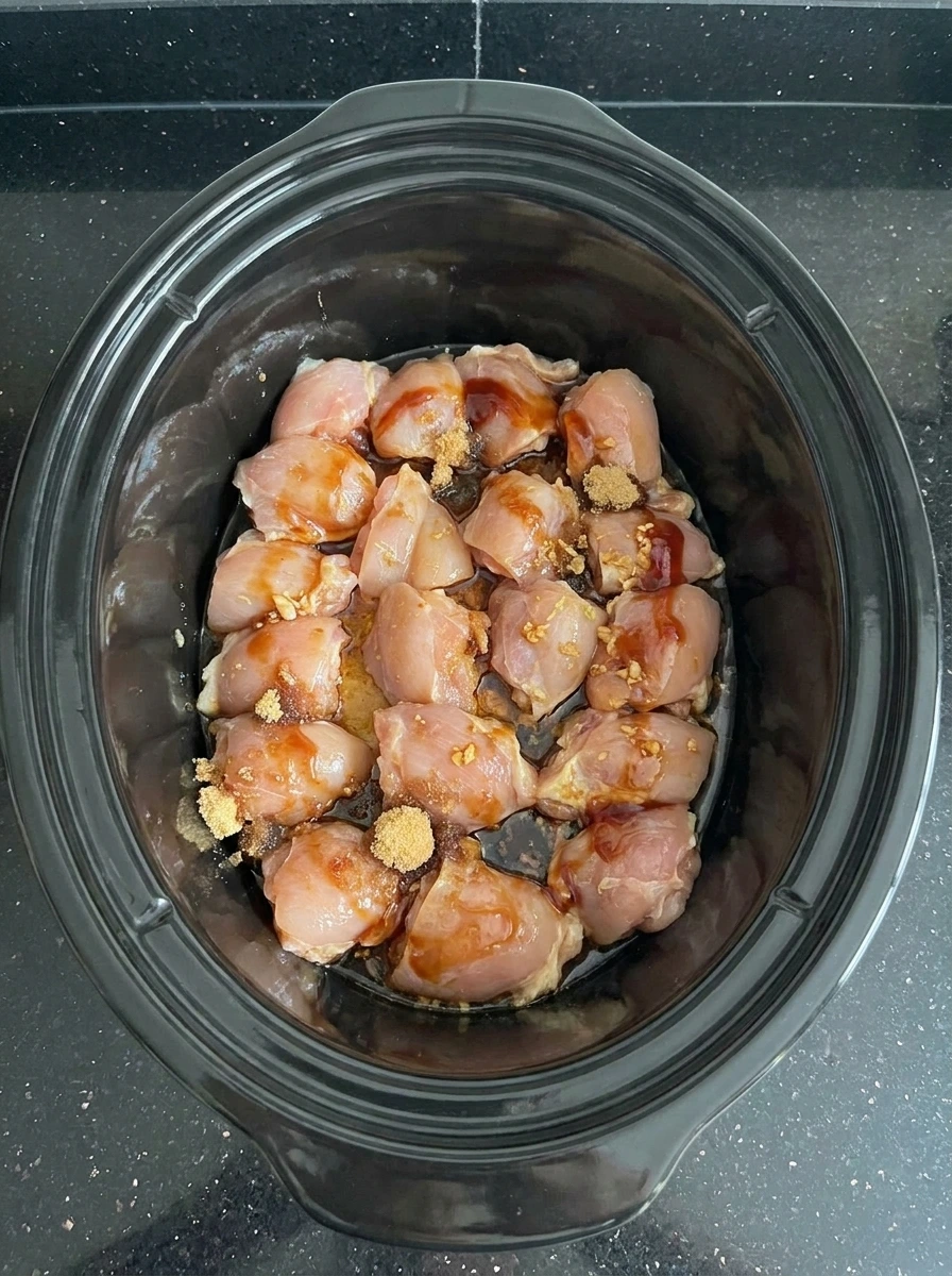 Raw chicken coated with bourbon sauce in slow cooker