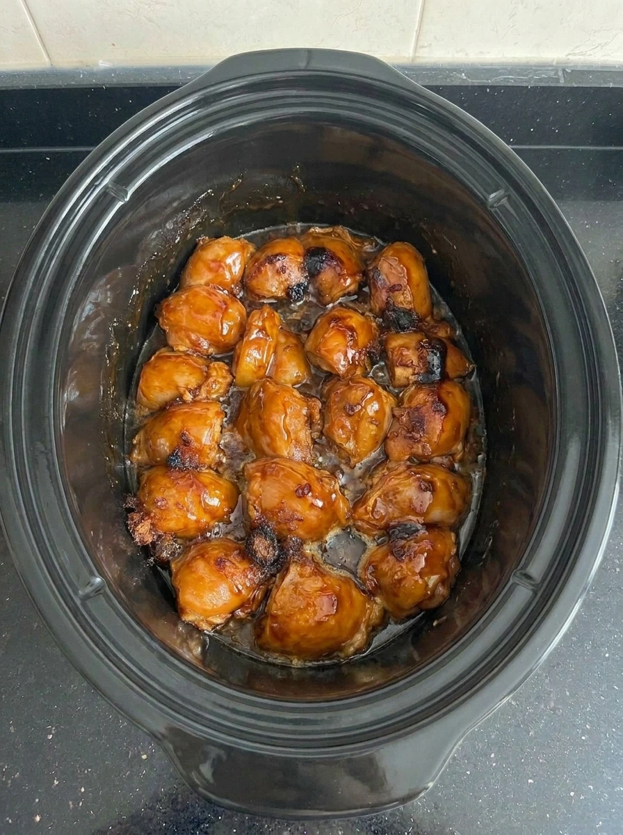 Crockpot Bourbon Chicken coated in thick glossy sauce