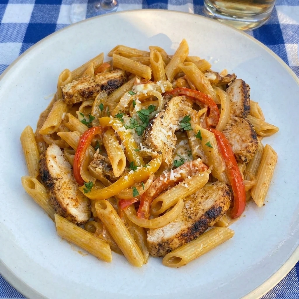 Single serving of creamy CrockPot Cajun Chicken Pasta on a white plate
