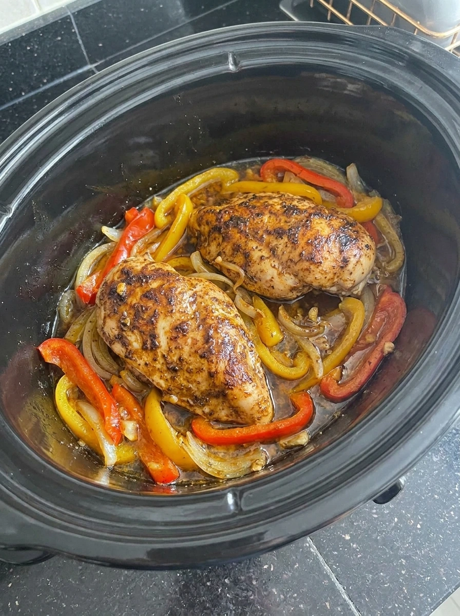 Slow cooked Cajun chicken breasts with softened bell peppers and onion