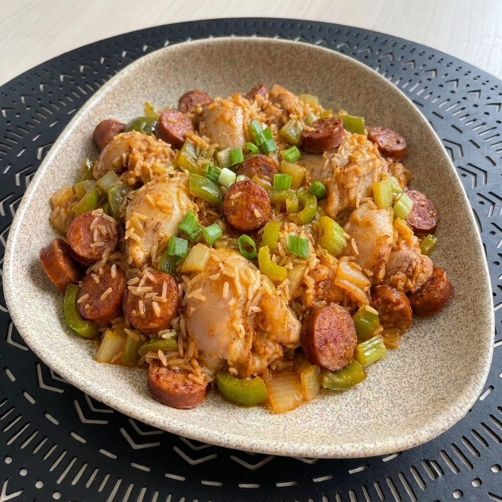 Crockpot Jambalaya with chicken sausage rice and vegetables