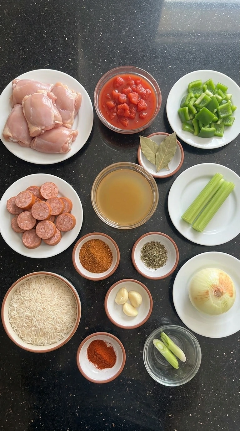 Ingredients for Crockpot Jambalaya in separate containers