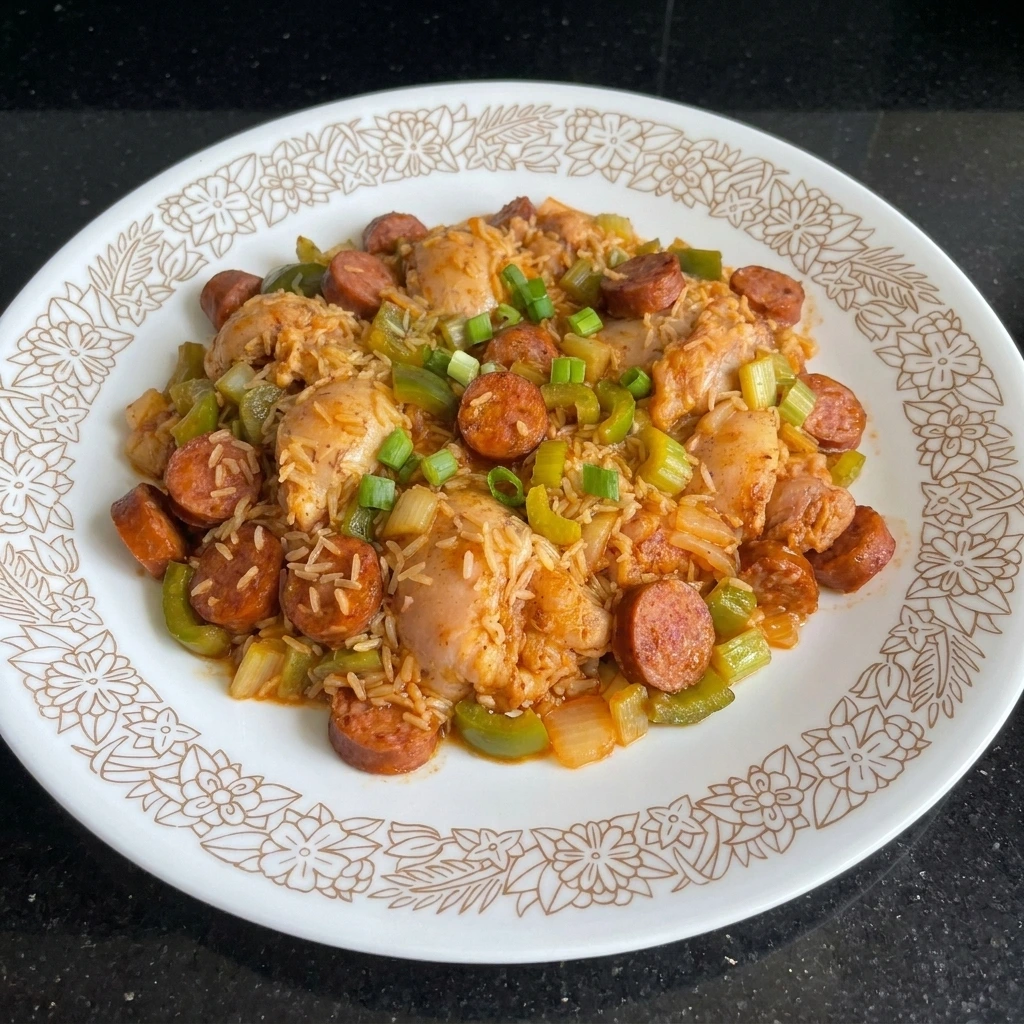Single serving of Crockpot Jambalaya with green onions