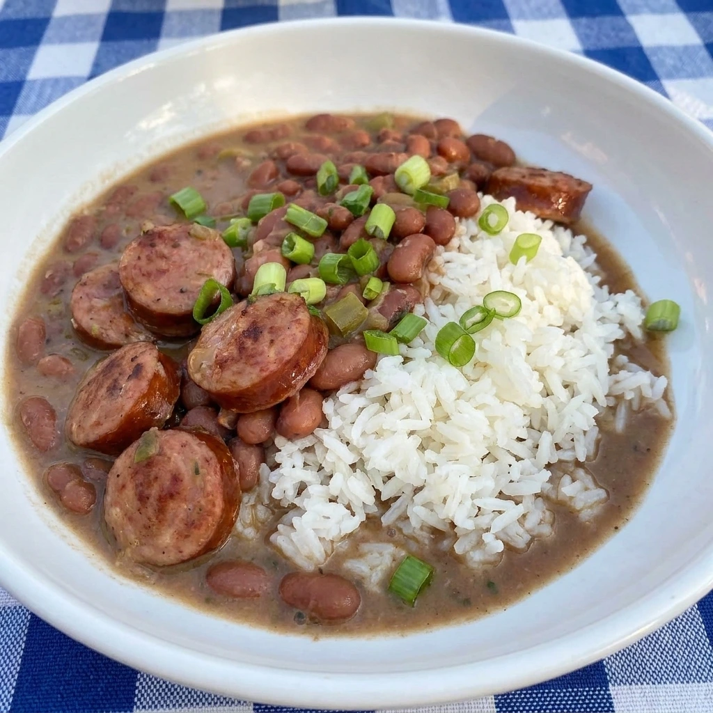 Crockpot Red Beans and Rice with smoky sausage over fluffy white rice