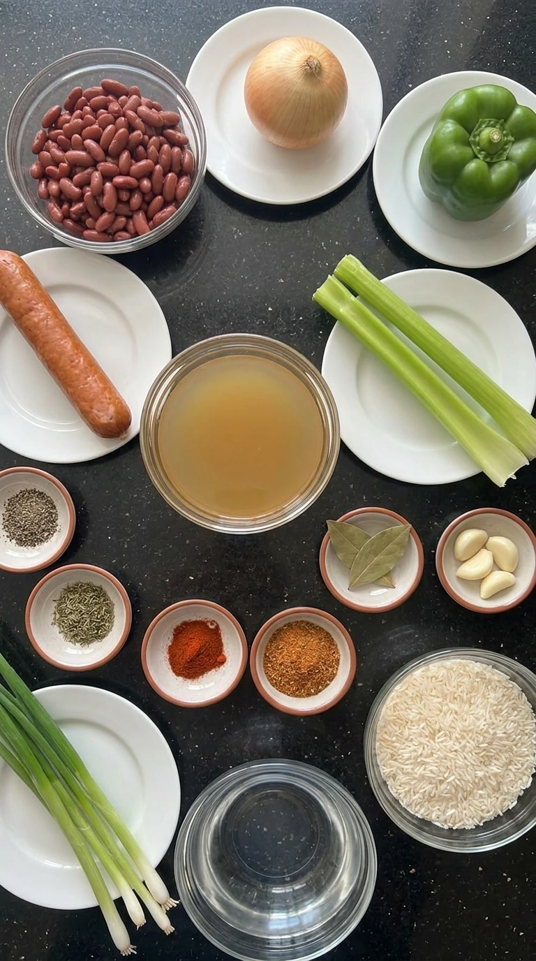 Ingredients for Crockpot Red Beans and Rice in separate containers