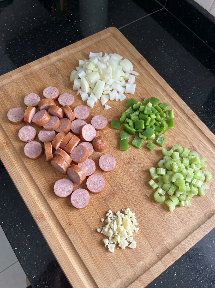 Sliced sausage and chopped vegetables for Crockpot Red Beans and Rice