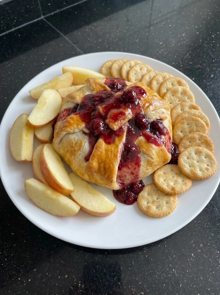 Finished Halloween Bloody Baked Brie with dripping raspberry sauce