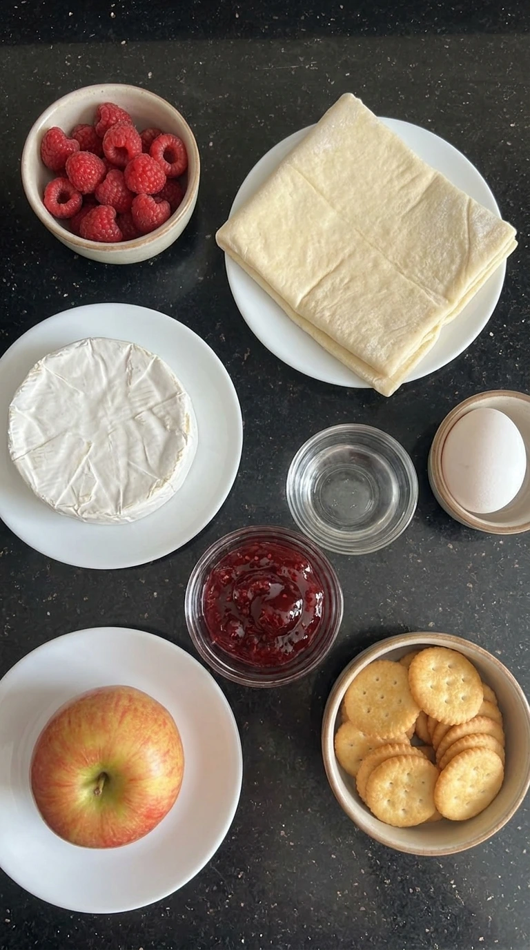 Ingredients for Halloween Bloody Baked Brie arranged in separate containers