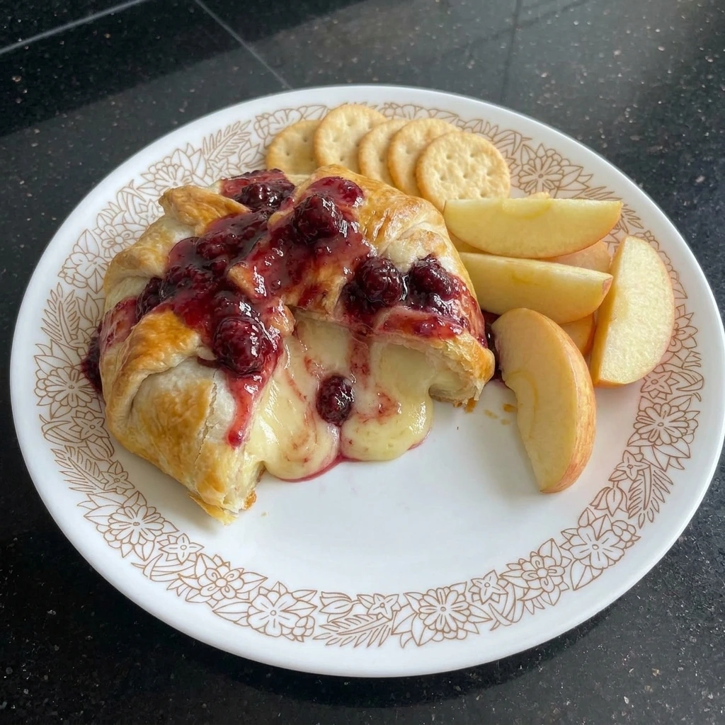 Cut portion of Halloween Bloody Baked Brie showing melted cheese