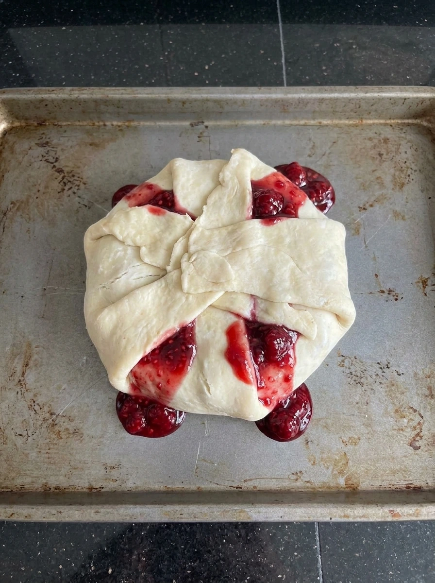 Brie wrapped in puff pastry with raspberry filling