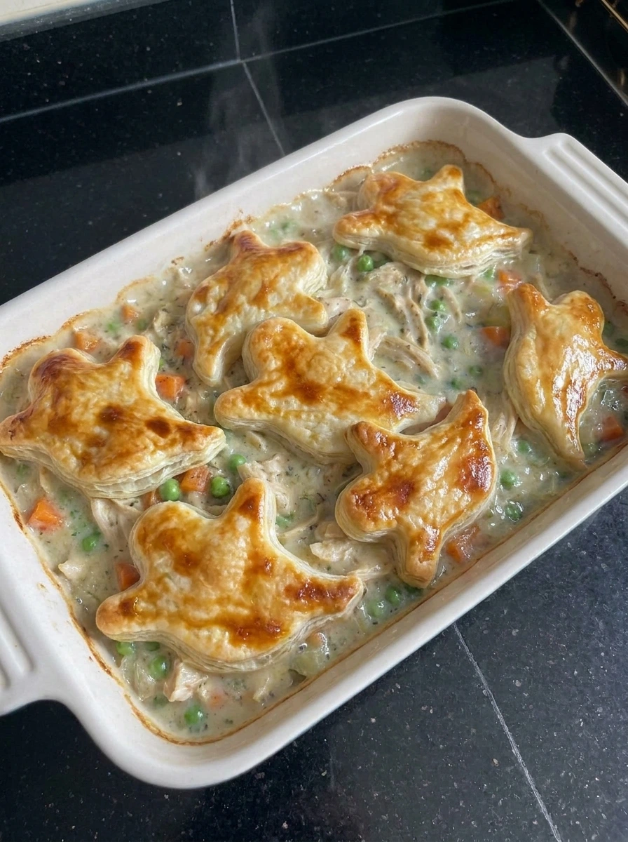 Baked Halloween Pot Pie with golden puff pastry ghosts