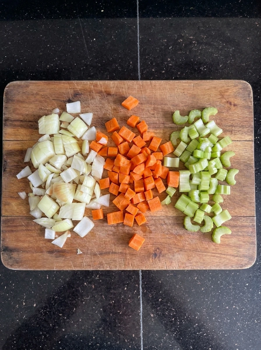Diced onion carrot and celery for Halloween Pot Pie