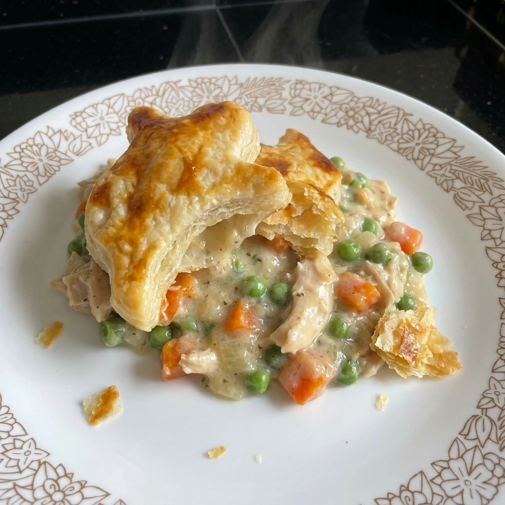 Single serving of Halloween Pot Pie with creamy chicken filling