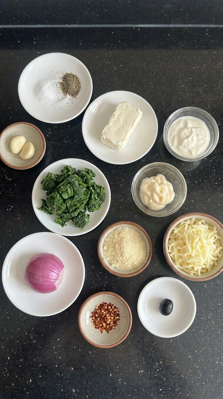 Ingredients for Halloween Spinach Dip arranged in separate small containers