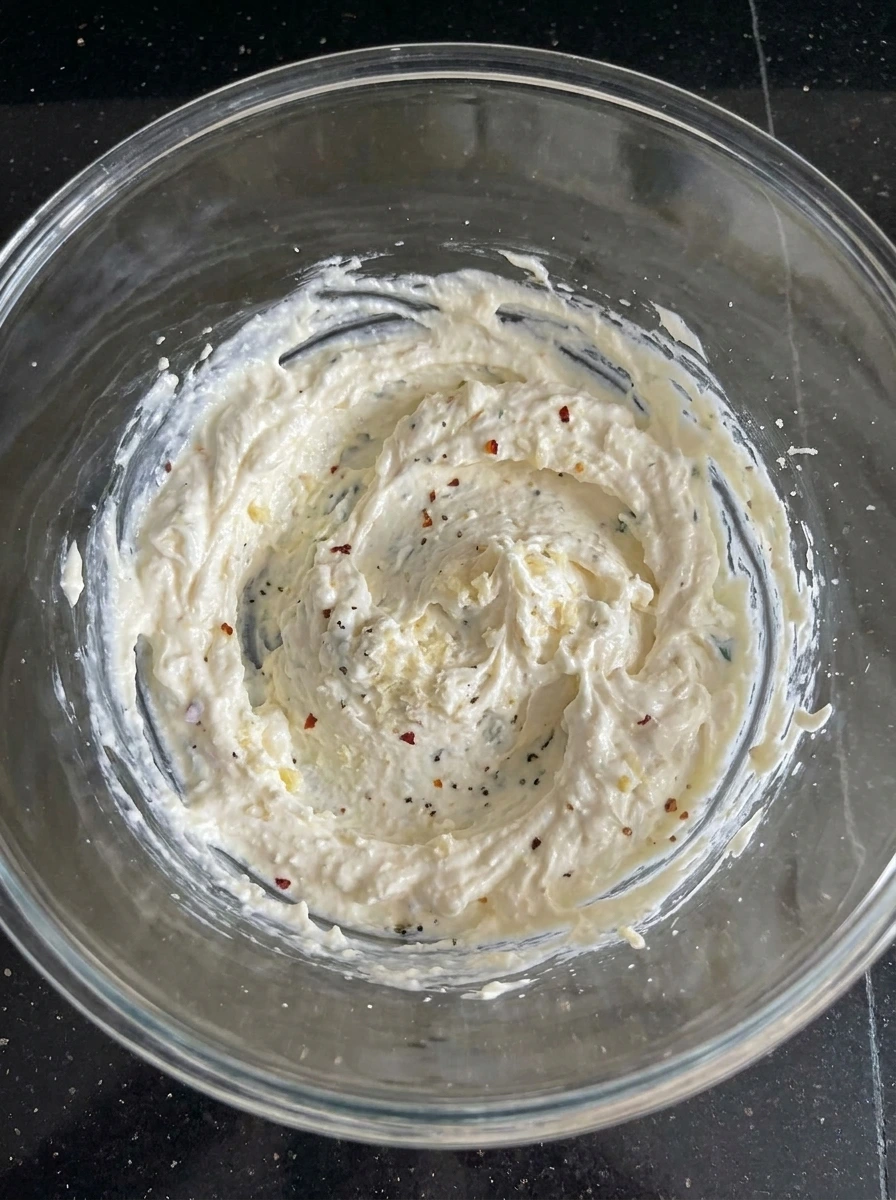 Creamy cheese base mixed for Halloween Spinach Dip