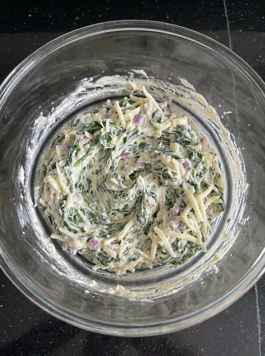 Spinach onion and mozzarella folded into Halloween Spinach Dip