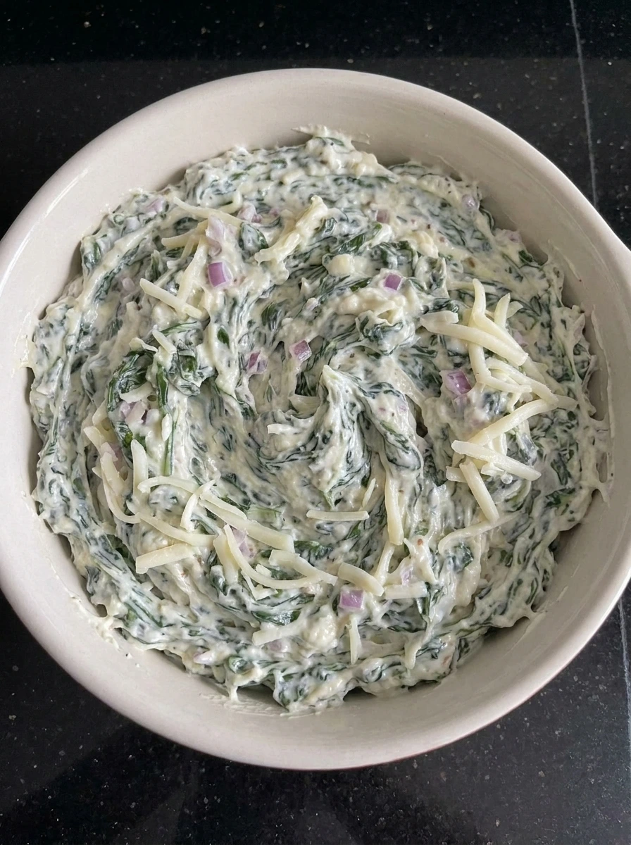Halloween Spinach Dip spread in baking dish with mozzarella