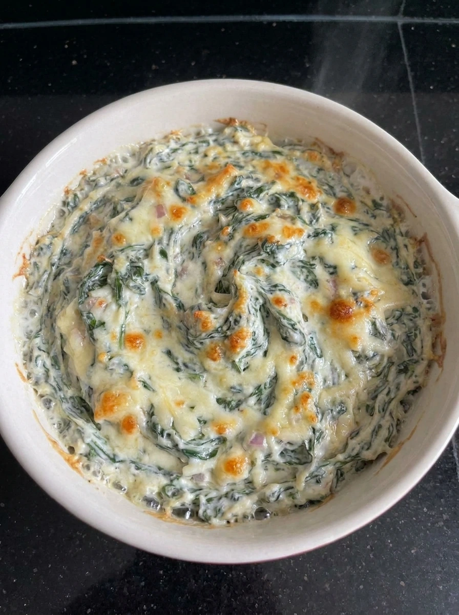 Bubbling baked Halloween Spinach Dip with browned mozzarella