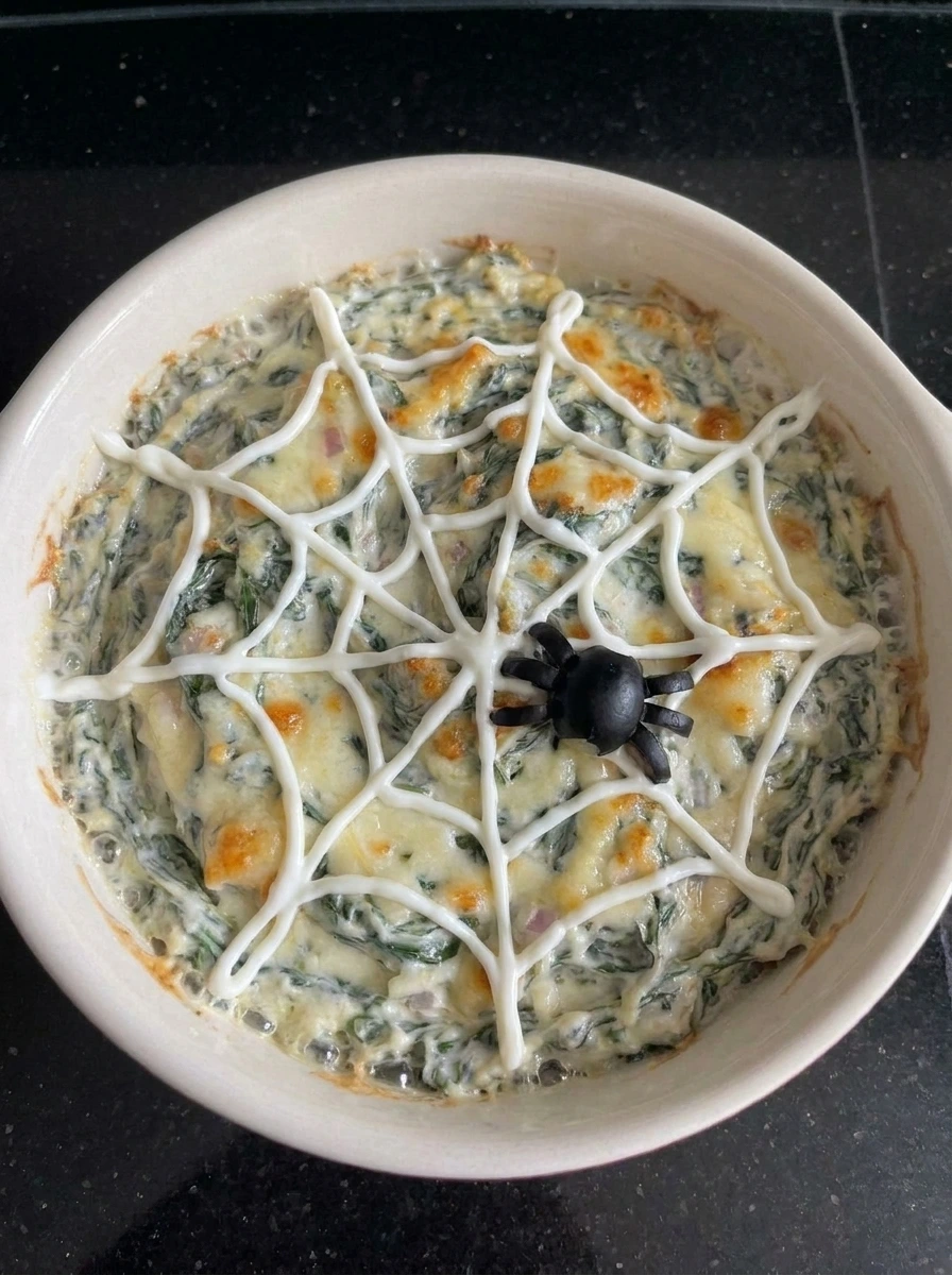 Halloween Spinach Dip topped with sour cream spiderweb and olive spider