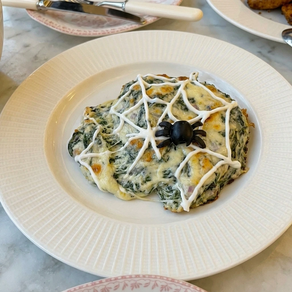 Single serving of Halloween Spinach Dip with creamy interior and spider garnish