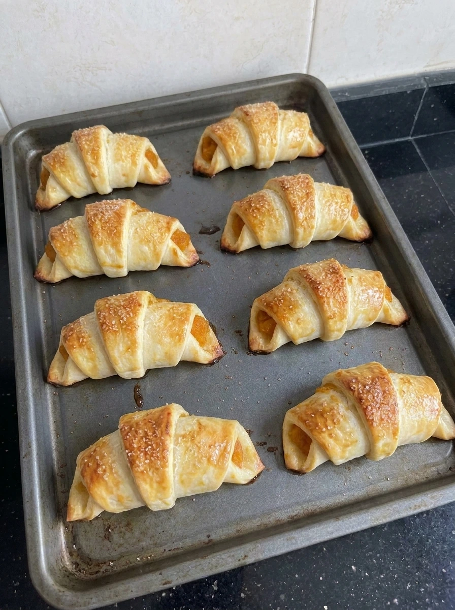 Golden baked Mini Pumpkin Pie Crescent Rolls on baking tray