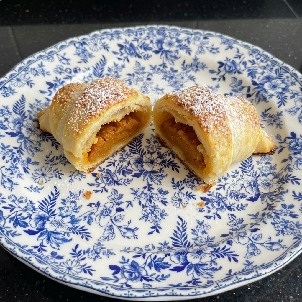 Mini Pumpkin Pie Crescent Roll cut open with pumpkin filling
