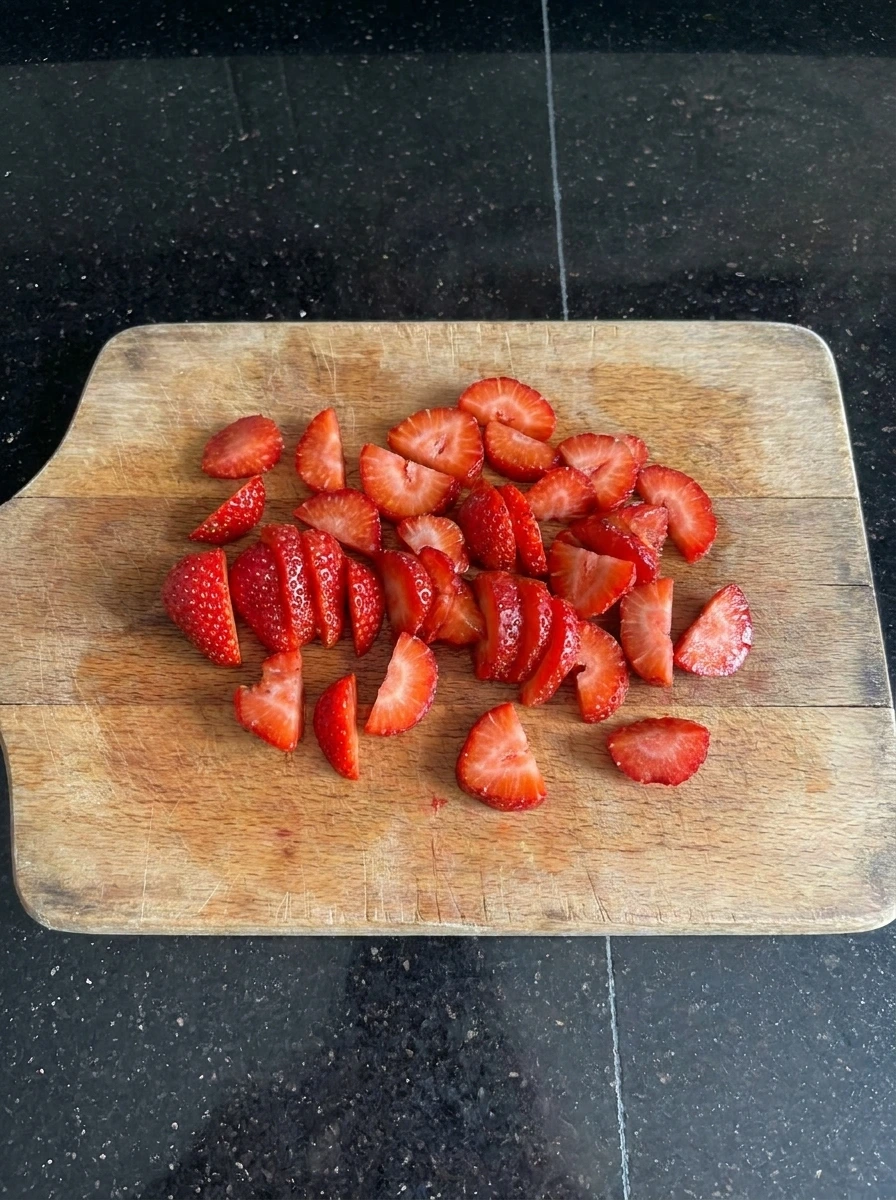 Sliced strawberries for No Bake Cheesecake Sushi Rolls