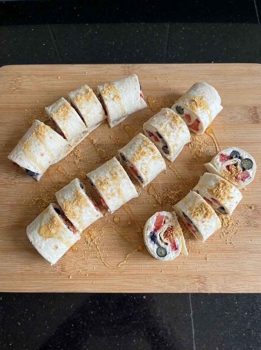 Sliced No Bake Cheesecake Sushi Rolls coated with graham crumbs